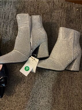 Silver Rhinestone Block Heel Booties A NEW DAY